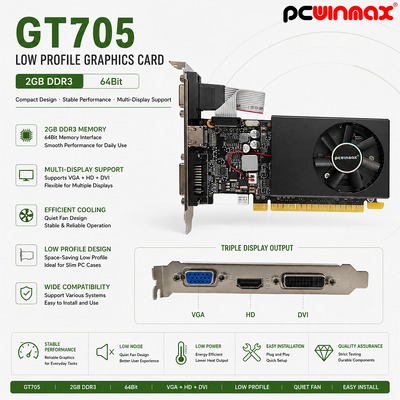 PCWINMAX GT 705 2GB 64Bit GDDR3 Düşük Profil Tek Fan VGA DVI HD Port GPU Masaüstü Grafik Kartı